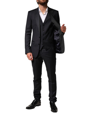 Dolce & Gabbana Schwarzer Woll-Anzug im 3-Teiler-Design mit Einreiher