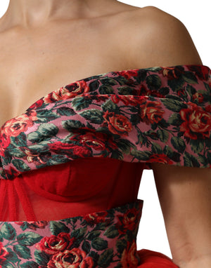 Dolce & Gabbana Rotes Blumen-Abendkleid mit Carmen-Ausschnitt und A-Linie