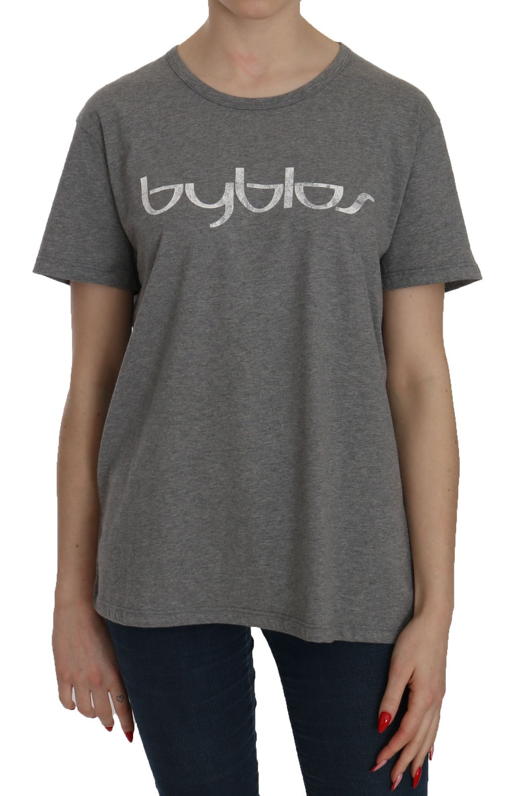 BYBLOS Graues Kurzarm-Rundhals-T-Shirt-Bluse aus Baumwolle
