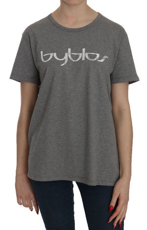 BYBLOS Graues Kurzarm-Rundhals-T-Shirt-Bluse aus Baumwolle