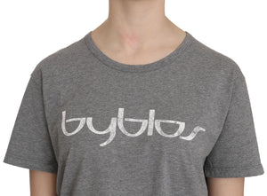 BYBLOS Graues Kurzarm-Rundhals-T-Shirt-Bluse aus Baumwolle