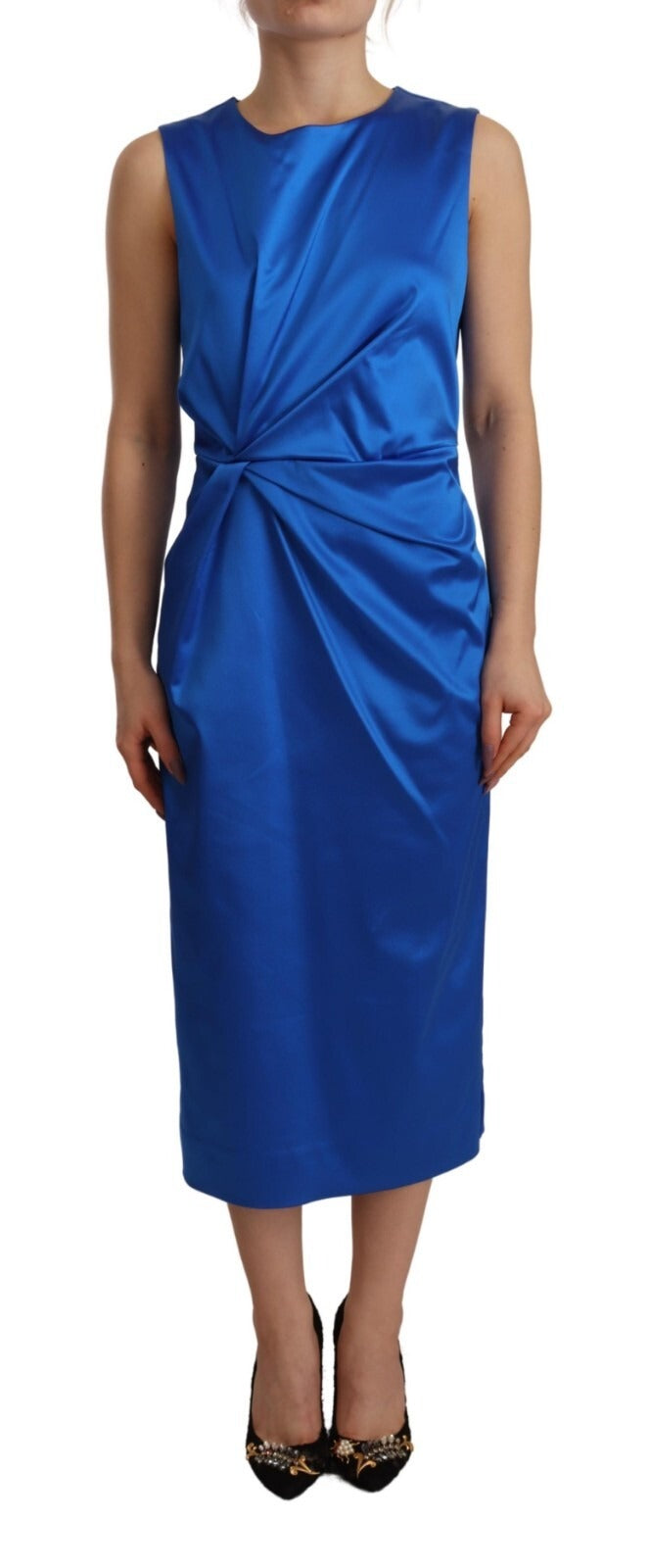 Parosh Rundhalsausschnitt-Midikleid aus Acetat in Königsblau, ärmellos, Etuikleid