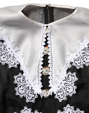 Dolce & Gabbana Schwarzes Seiden-Midi-Kleid mit Makramee-Spitze