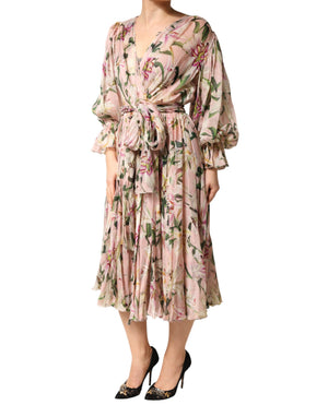 Dolce & Gabbana Maxikleid mit rosa Lilien-Print und Falten in A-Linie