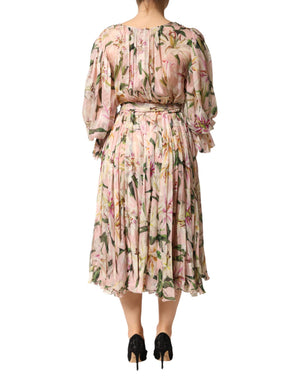 Dolce & Gabbana Maxikleid mit rosa Lilien-Print und Falten in A-Linie
