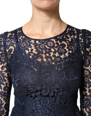 Dolce & Gabbana Blaues Spitzenkleid mit Rüschen in A-Linie, knielang