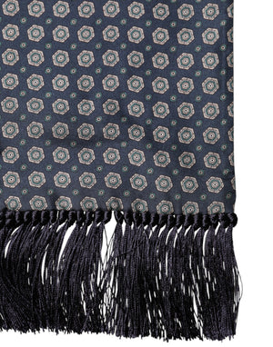 Dolce & Gabbana Blau gemusterter Foulard aus Seide mit Fransen 138cm x 15,5cm Schal