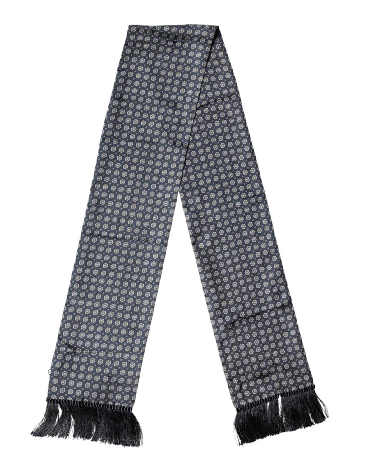 Dolce & Gabbana Blau gemusterter Foulard aus Seide mit Fransen 138cm x 15,5cm Schal