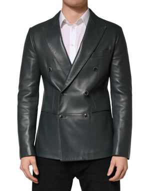 Dolce & Gabbana Schwarzer Leder-Zweireiher-Blazer mit 2 Knöpfen