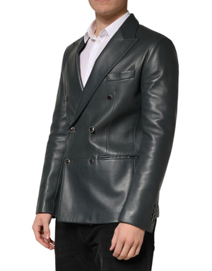 Dolce & Gabbana Schwarzer Leder-Zweireiher-Blazer mit 2 Knöpfen